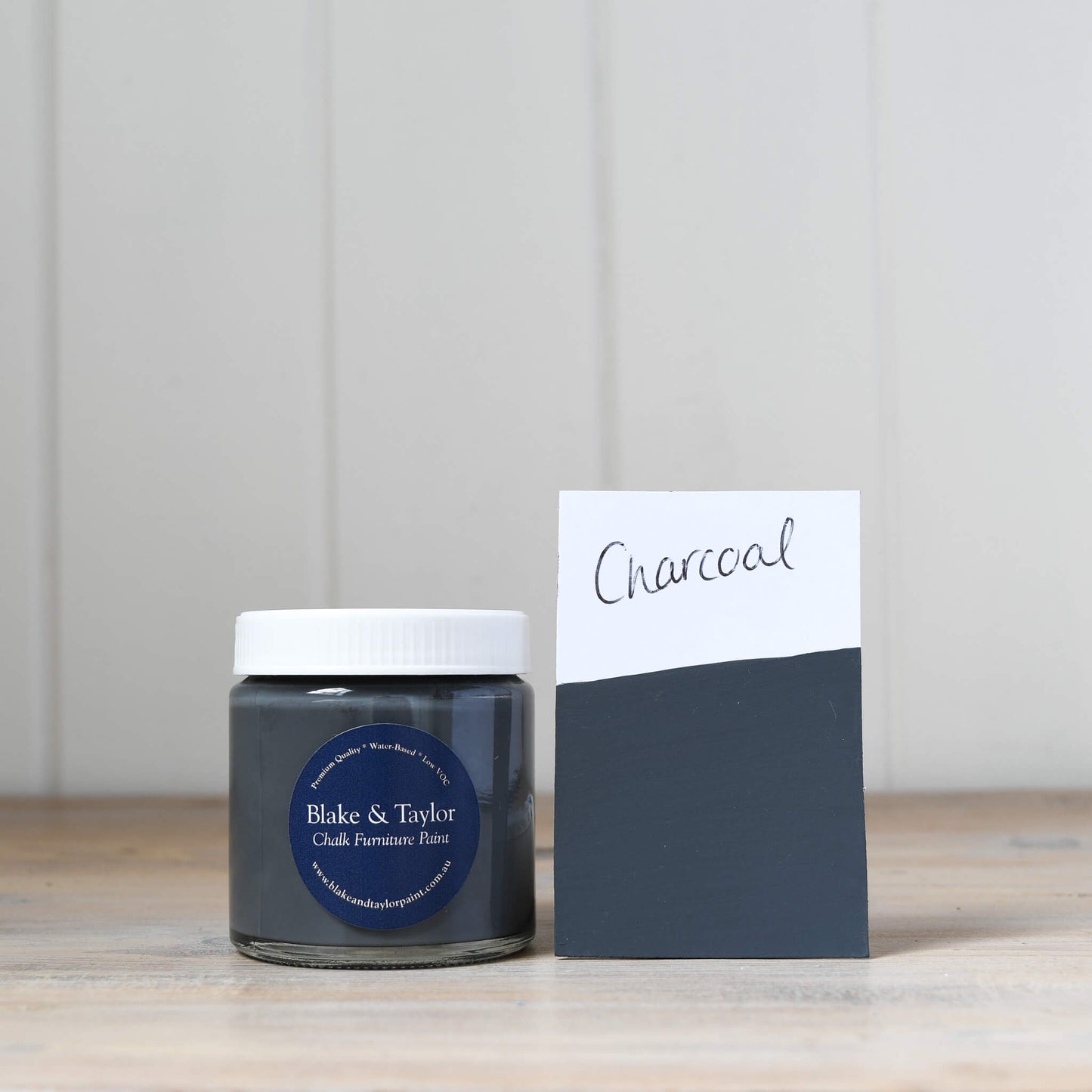 120ml pot and colour swatch of Charcoal Blake & Taylor Chalk Furniture Paint