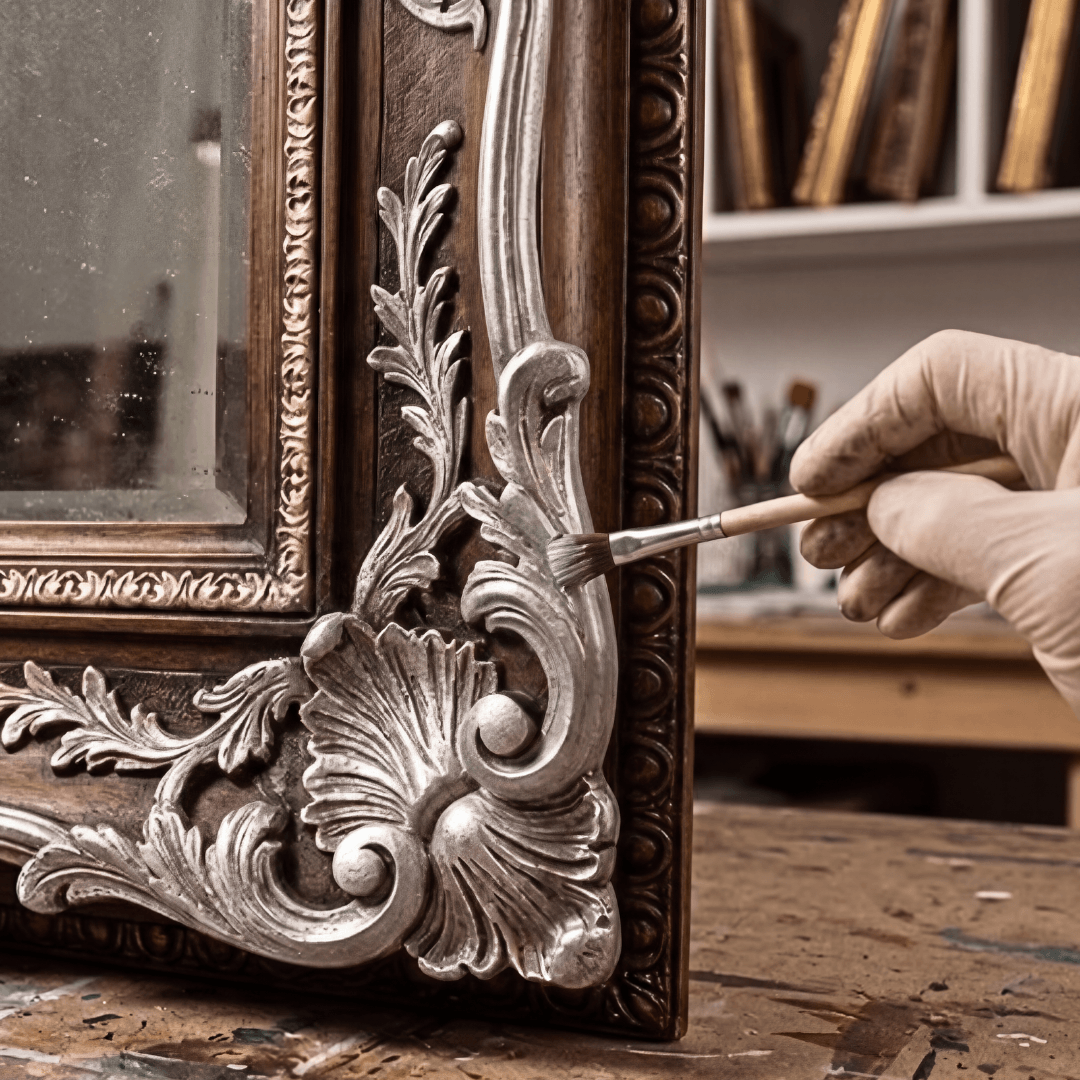 Silver decorative wax on an ornate frame