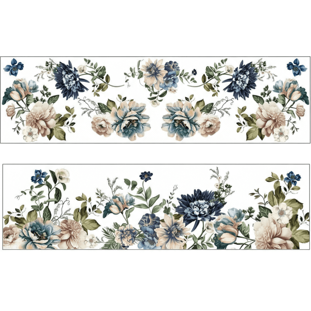 Two floral border designs with blue and beige flowers on a white background.