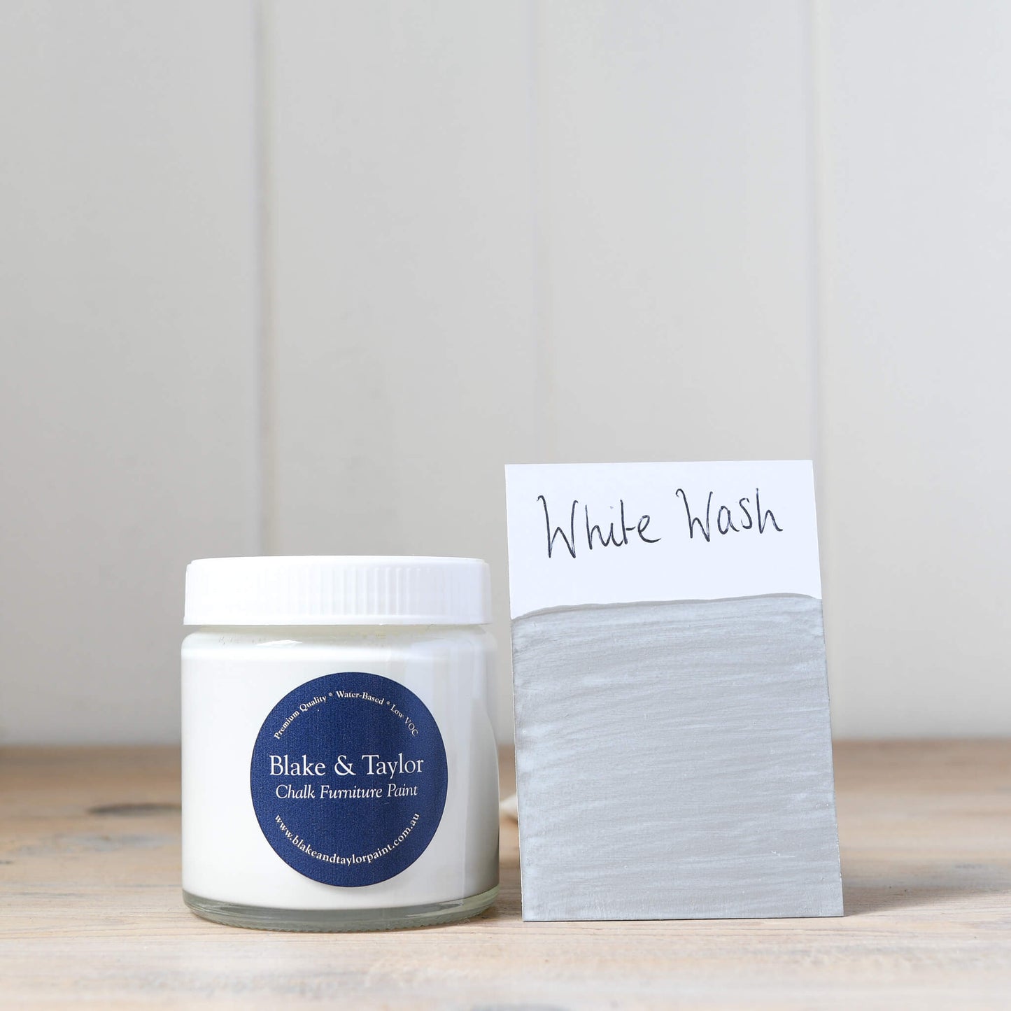 120ml pot of Blake & Taylor Chalk Furniture Paint White Wash with colour swatch