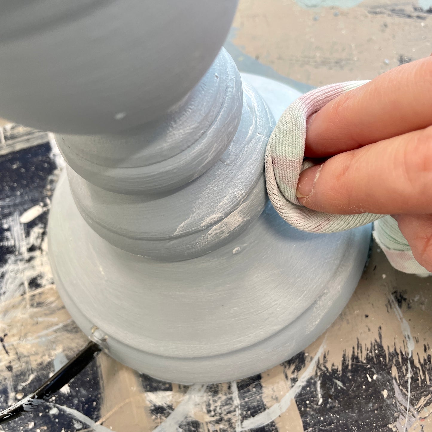 timber lamp base painted French Blue then Blake & Taylor White Wax applied over the top