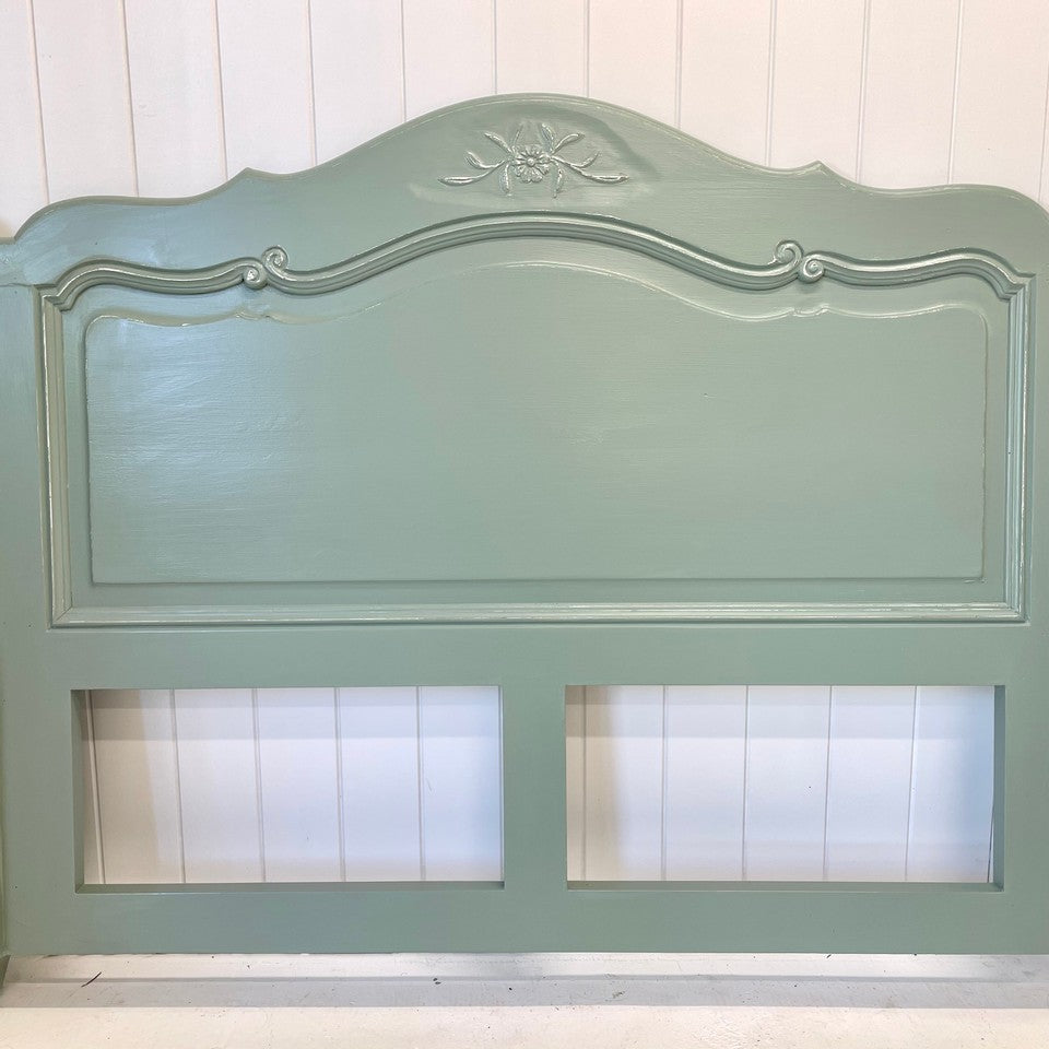 Carved timber bedhead painted with Blake & Taylor Kettle Green Chalk Furniture Paint