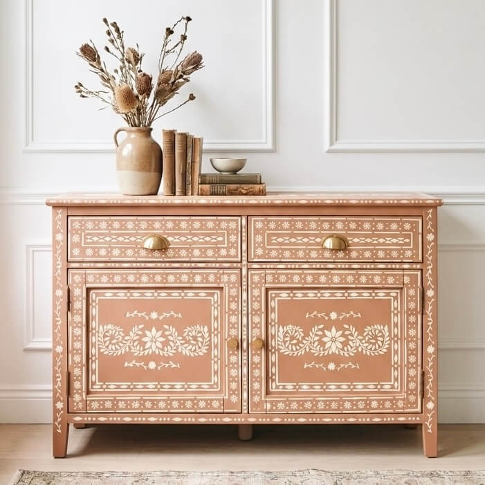 cabinet painted colour Folklore by Blake & Taylor Paint with a bone inlay white stencil