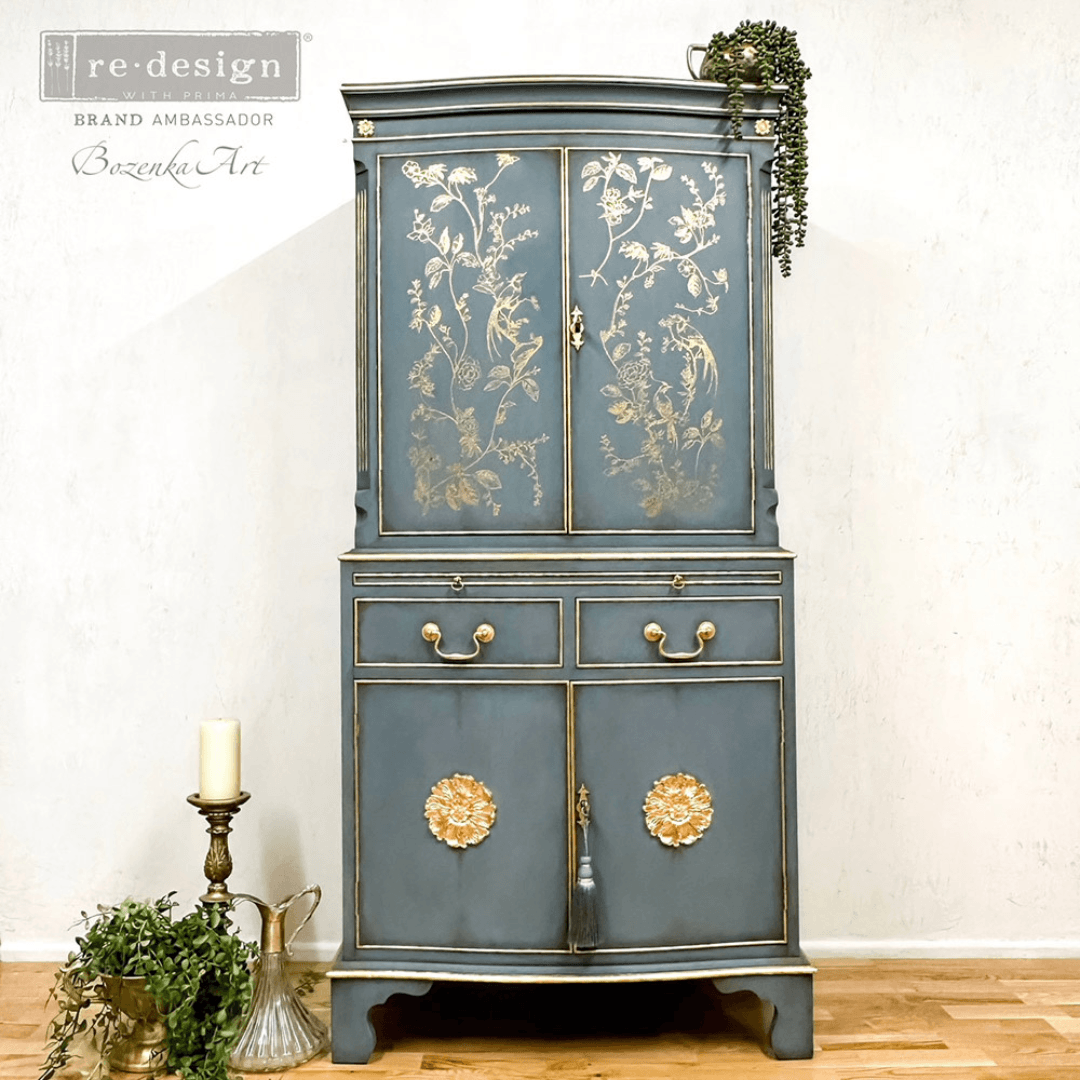 grey painted cabinet with Gold bird and floral furniture transfer