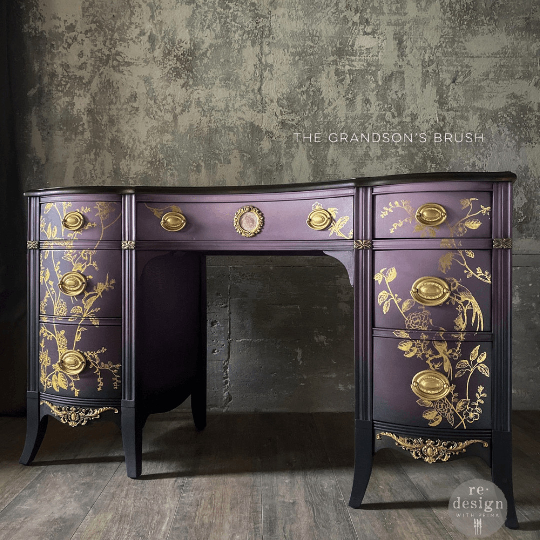 purple painted cabinet with Gold bird and floral furniture transfer