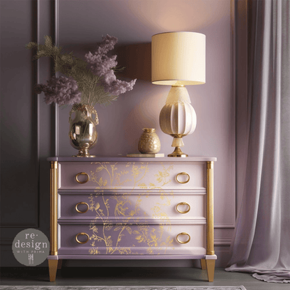 lilac painted cabinet with Gold bird and floral furniture transfer
