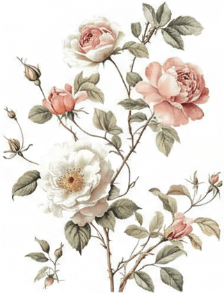 Vintage-style illustration of pink and white roses with green leaves on a white background