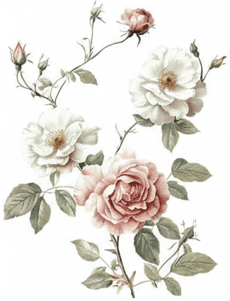 Illustration of pink and white flowers with green leaves on a white background