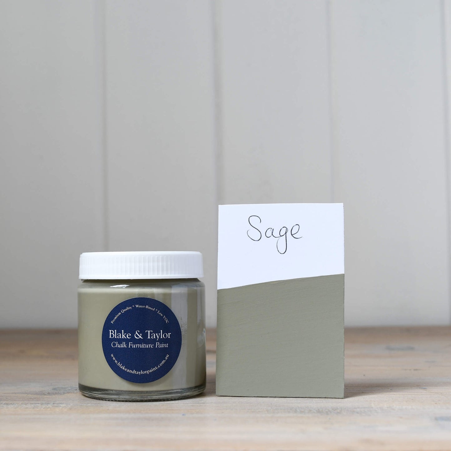 120ml pot and swatch of Blake & Taylor Sage Chalk Furniture Paint
