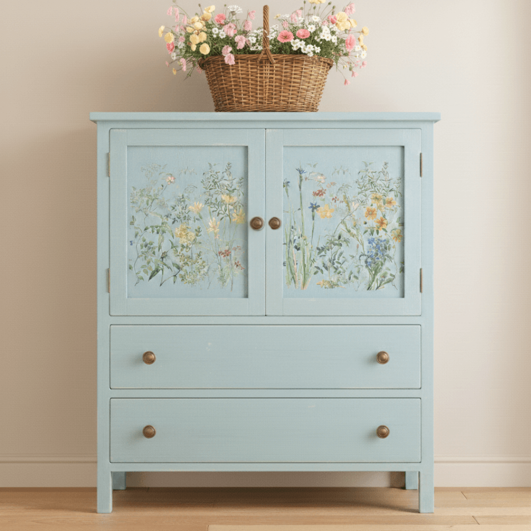 Light blue cabinet with floral designs on doors against a beige wall.