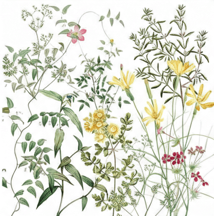 Illustration of various flowers and plants on a white background