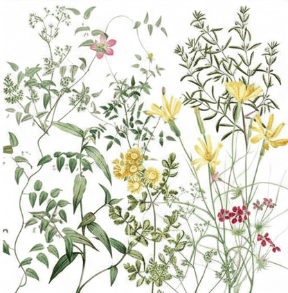 Illustration of various flowers and plants on a white background