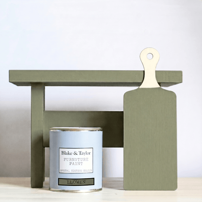 Blake & Taylor 500ml paint tin showing colour Elowen with timber paint swatch