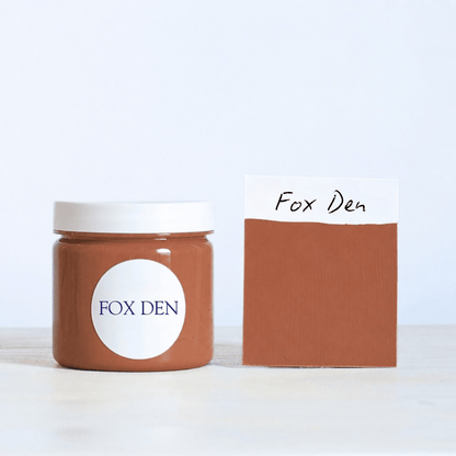 Fox Den pot of paint and swatch on a white background