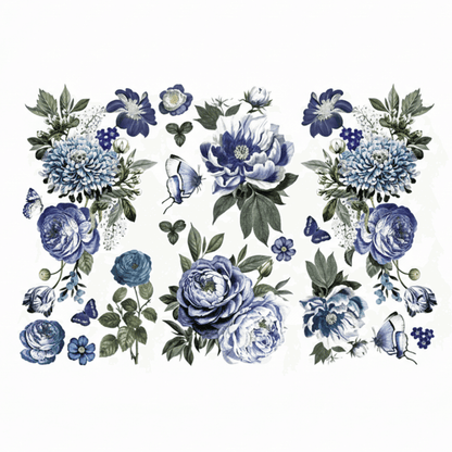 Blue floral and butterfly design on a white background