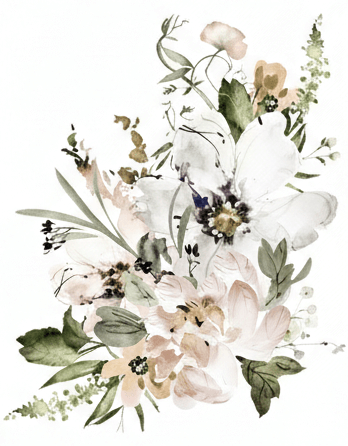 Floral arrangement with white, pink, and green flowers on a white background