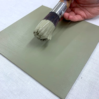 timber swatch and brush with Blake & Taylor Chalk Furniture Paint Sage on it