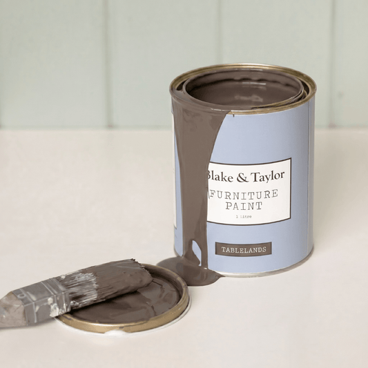 Blake & Taylor litre paint tin with paint spill of colour tablelands