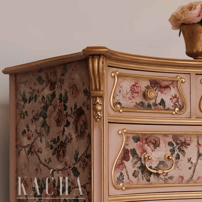 set of drawers with pink roses decoupage paper and gold leaf
