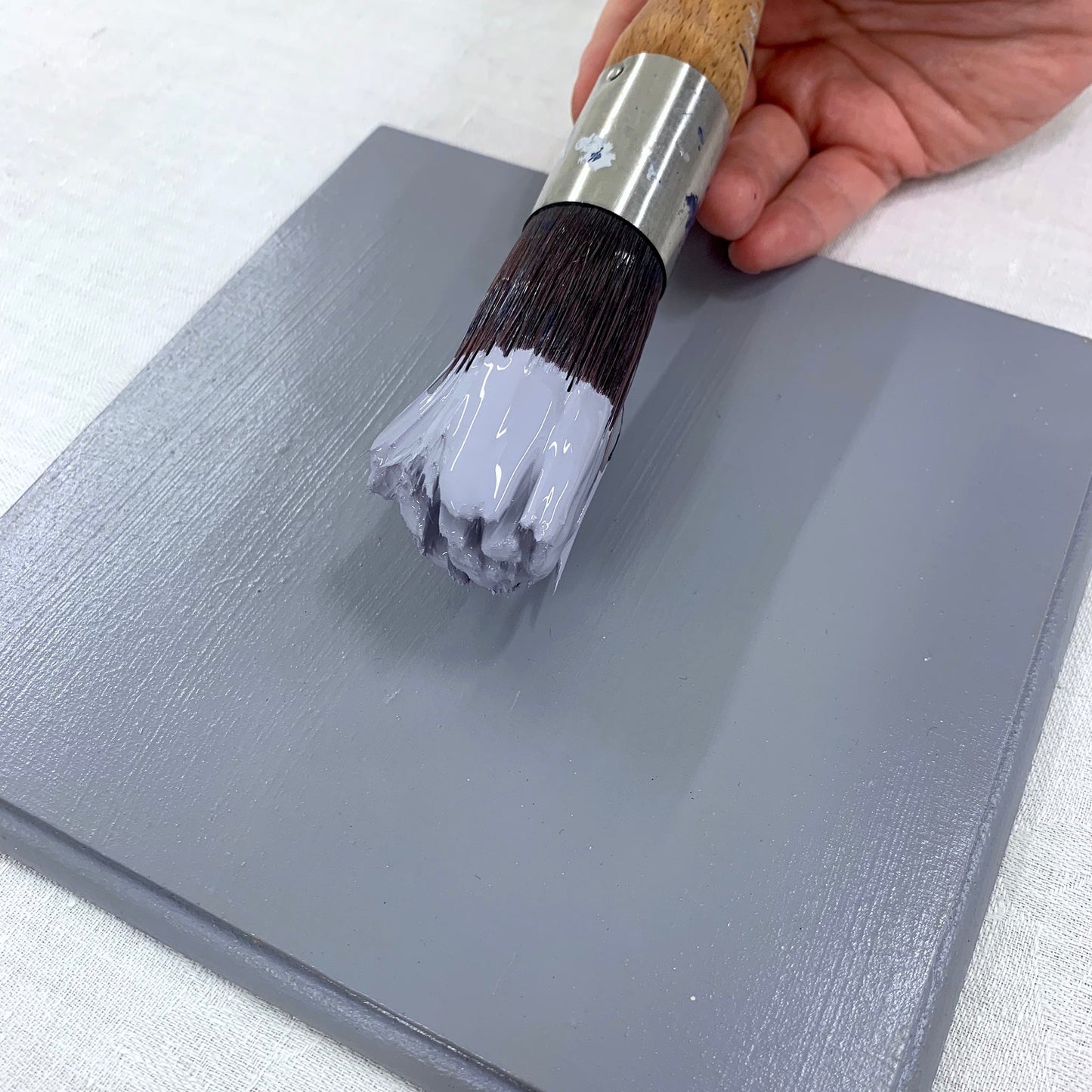 Blake & Taylor Chalk Furniture Paint Toulouse on a brush and painted timber swatch
