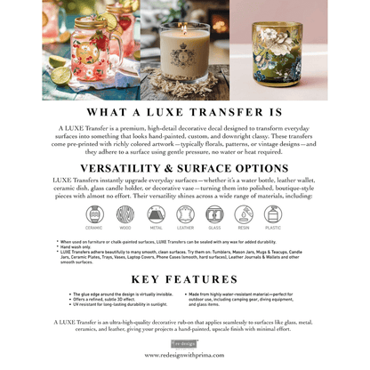Promotional text about LUXE transfers with images of decorated items.