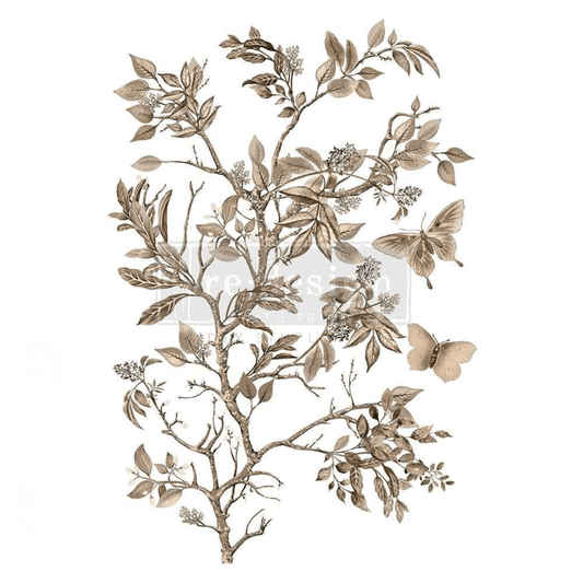 Botanical decal pattern featuring delicate branches with leaves and two butterflies in muted beige and brown tones on a white background.