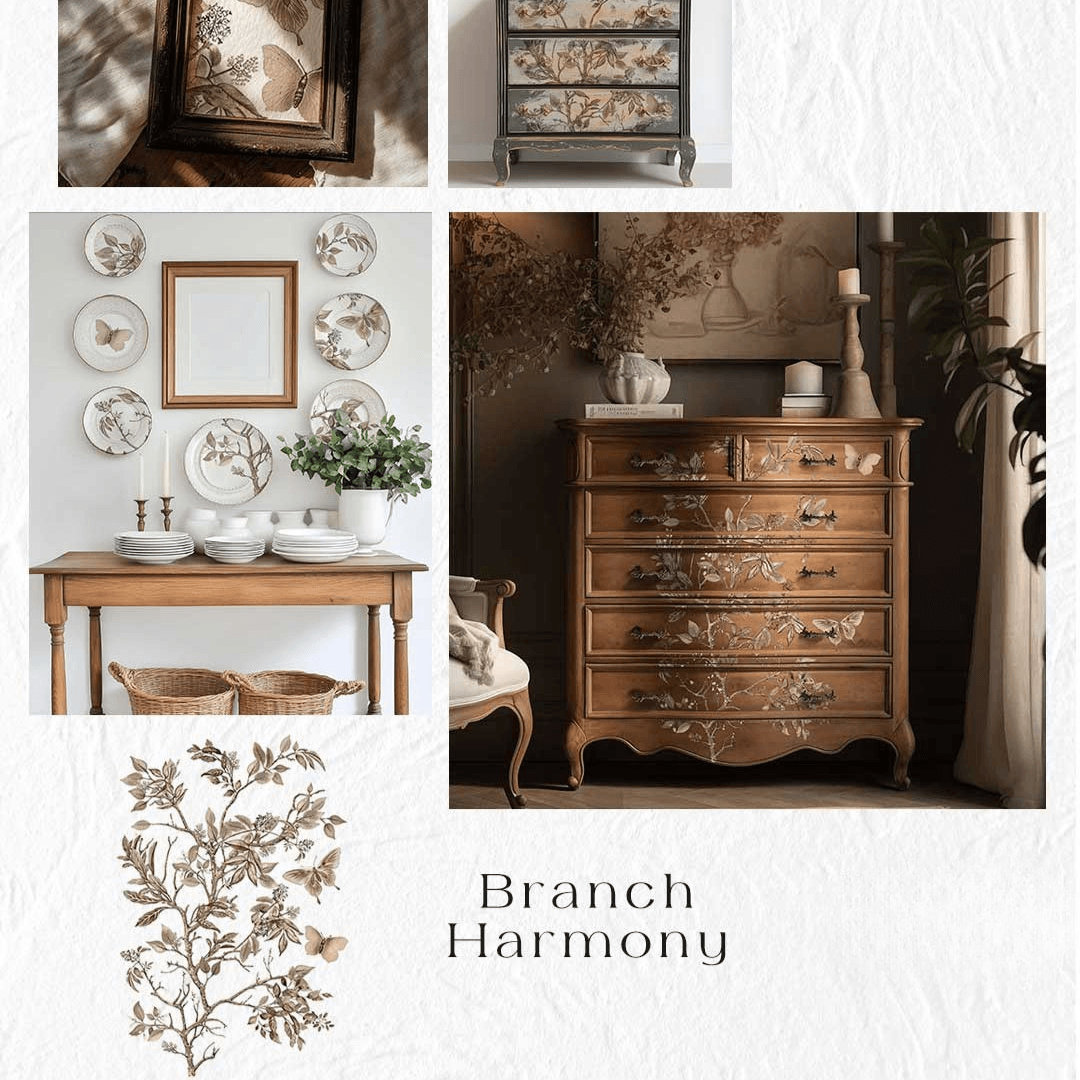 A styled interior collage with multiple warm-toned furniture and decor scenes, including a wooden chest of drawers, wall plates, a console table, and framed botanical artwork.