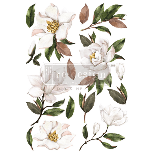 Watercolor floral decals of white magnolia flowers with green and brown leaves on a white background