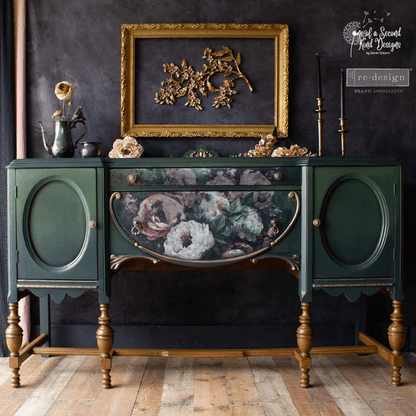 dark green cabinet with Decoupage paper with bouquet of roses