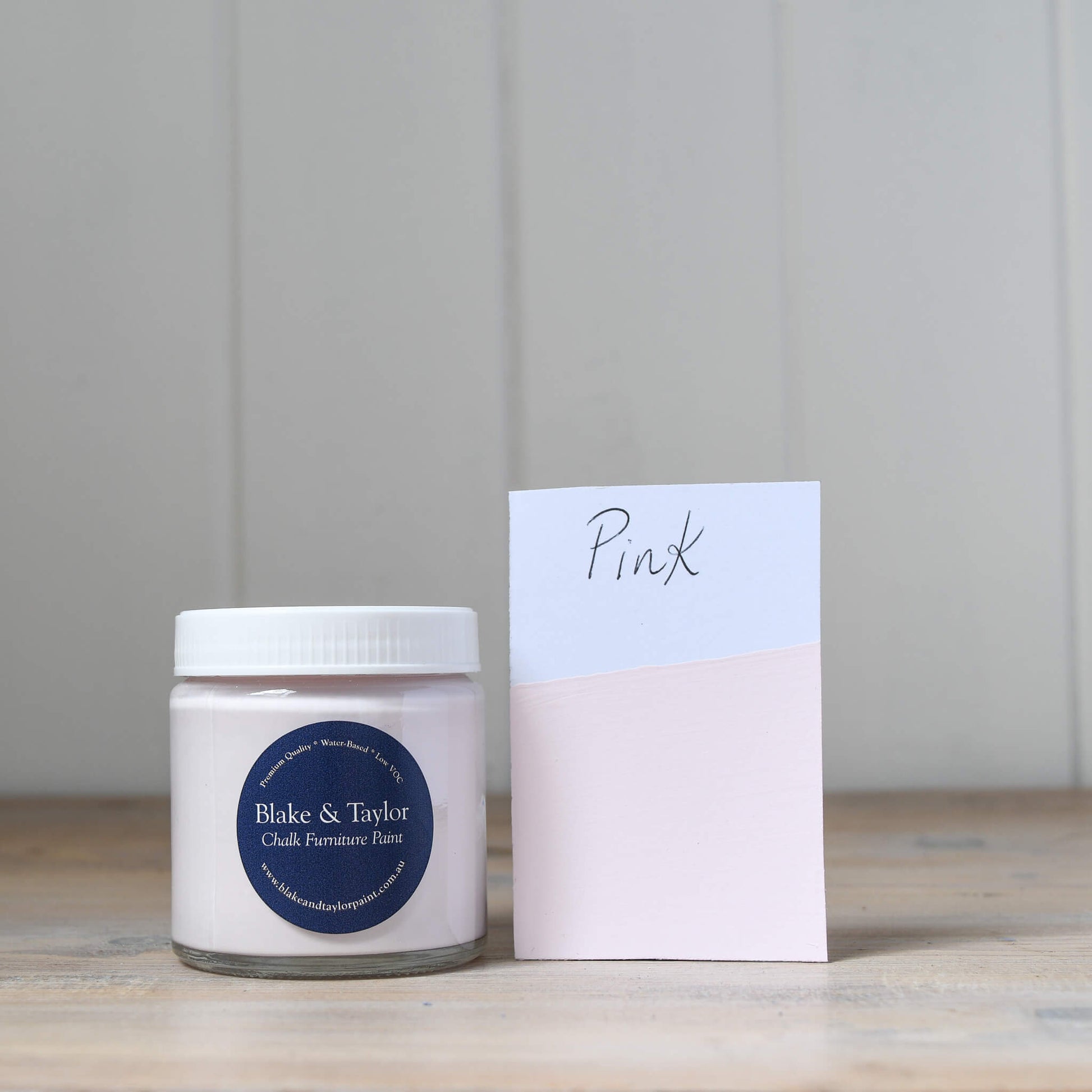 120ml pot of Pink Blake & Taylor Chalk Furniture Paint with matching colour swatch