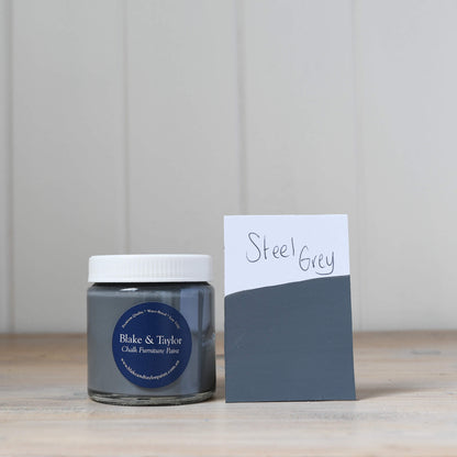 150ml pot of Steel Grey Blake & Taylor Chalk Furniture Paint with matching colour swatch