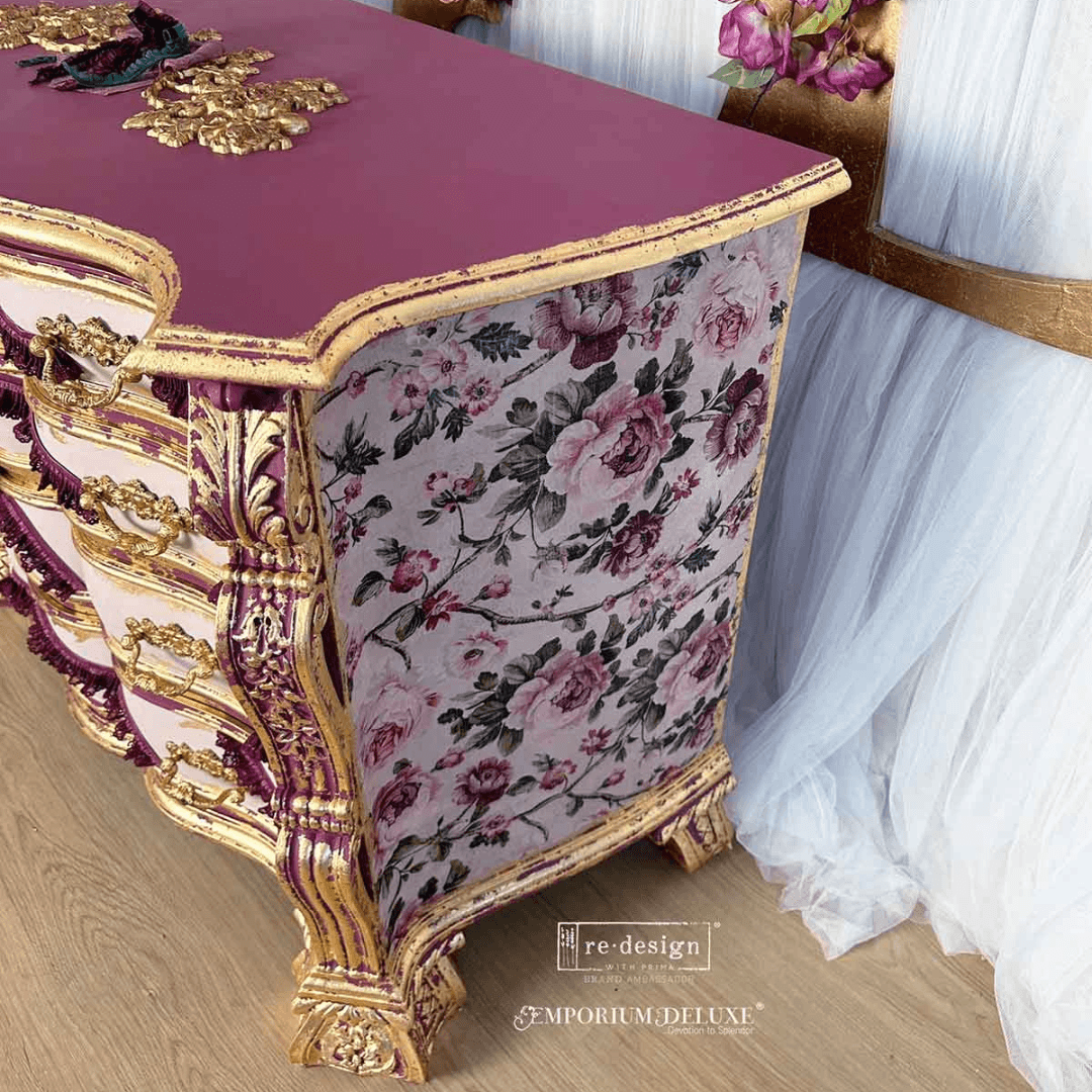 set of drawers with pink roses decoupage paper and gold leaf