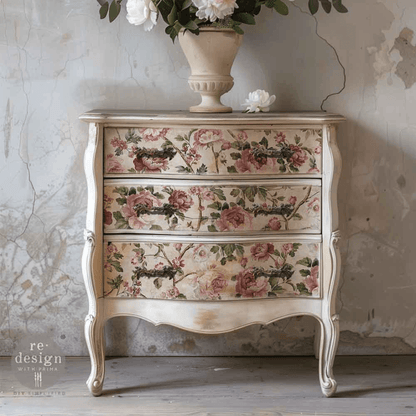 set of drawers with pink roses decoupage paper