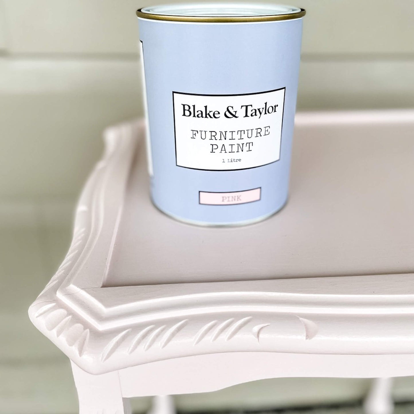 Close up of vintage timber table painted with  Blake & Taylor Pink Chalk Furniture Paint
